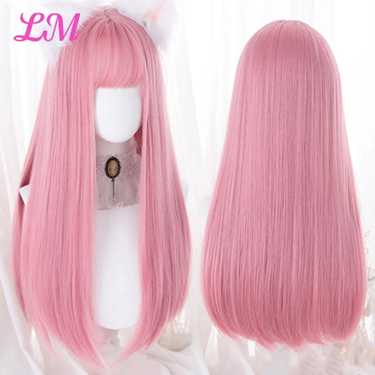 Lm Cosplay Wig Bangs Synthetic Straight Hair 24 Inch Long Heat-Resistant Pink Women