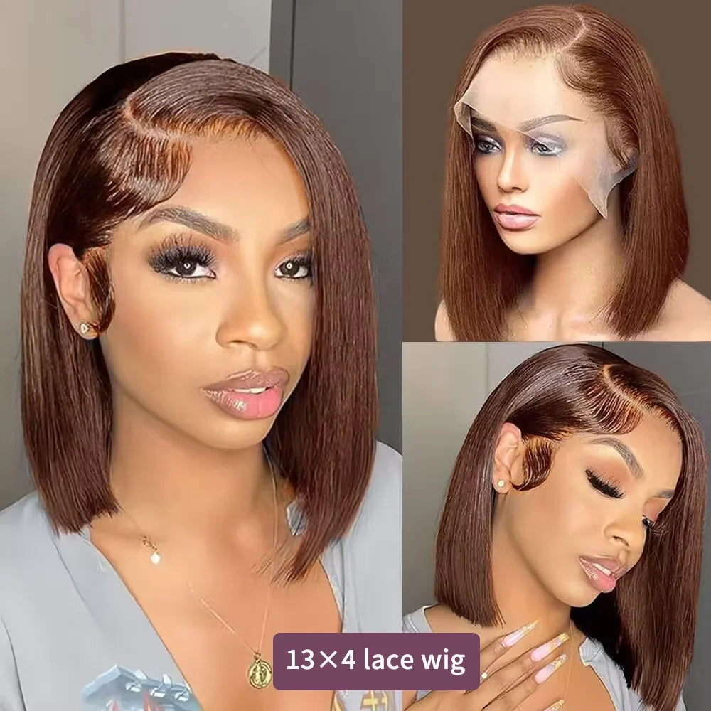 13x4 HD Lace Front Bob Wig 220% Density Chocolate Brown Straight Human Hair