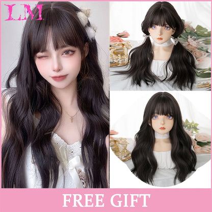 Lm Cosplay Wig Bangs Synthetic Straight Hair 24 Inch Long Heat-Resistant Pink Women