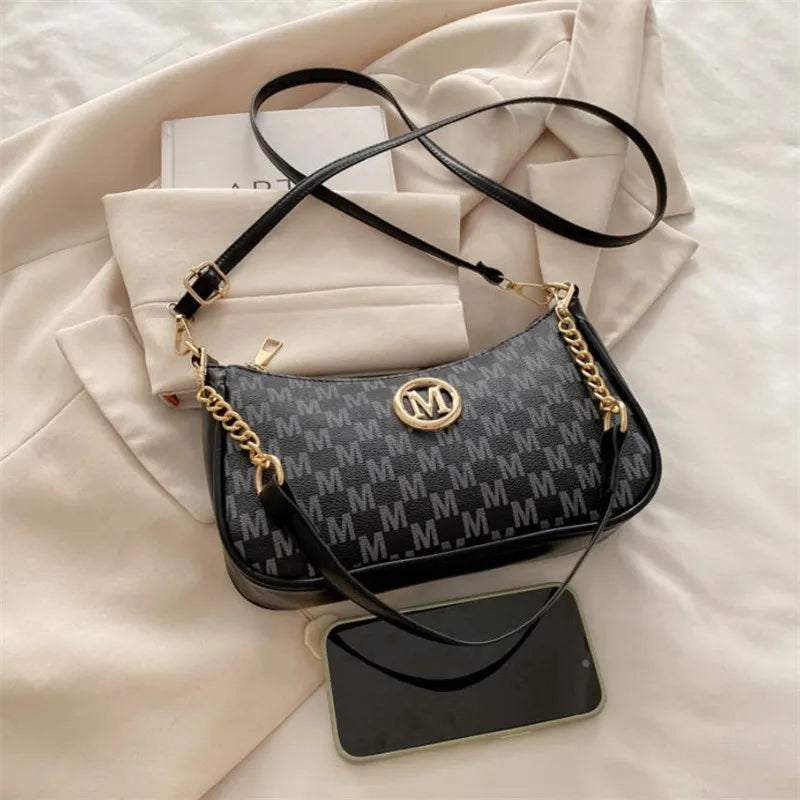 PU Leather Crossbody Bag with Gold Letter M – Women's Shoulder Handbag