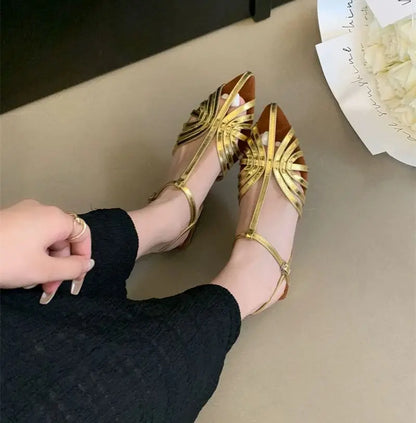 Women's Roman Strappy Sandals – Pointed Toe Low Heel T-Strap