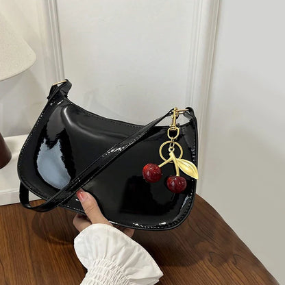 PU Leather Shoulder Bag with Cherry Pendant – Women's Casual Handbag