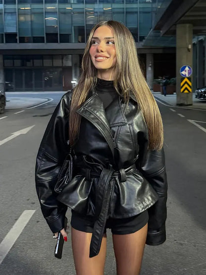 Women's Faux Leather Belted Jacket – Lapel Long Sleeve Coat