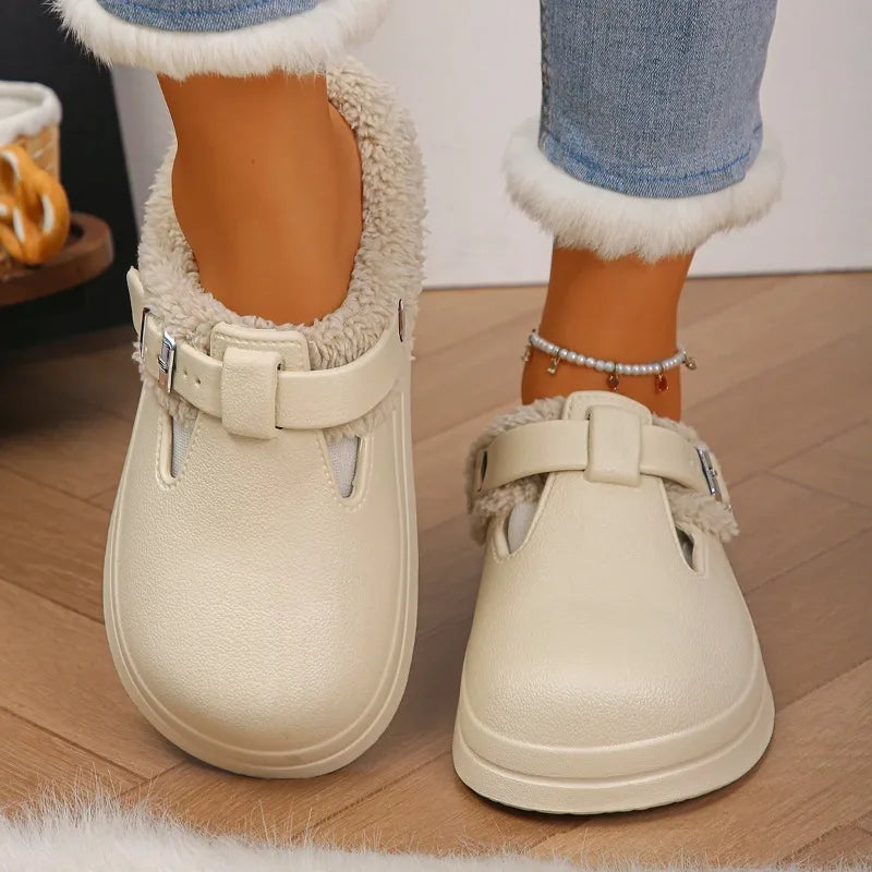 Furry Mule Slippers Women Winter Plush Warm EVA Thick Sole Metal Buckle Non-Slip