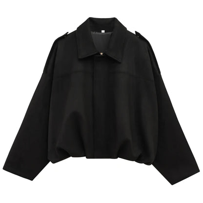 Women's Cropped Suede Bomber Jacket – Lapel Zip Racing Coat