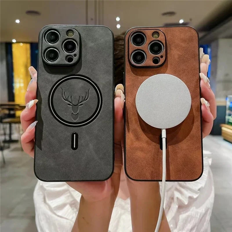 Magnetic Wireless Charge Phone Case Iphone 16 15 14 13 12 11 Pro Max Deer Head Leather Soft