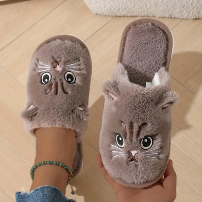 Women's Plush Cat Slippers Cozy Indoor House Shoes Non-Slip