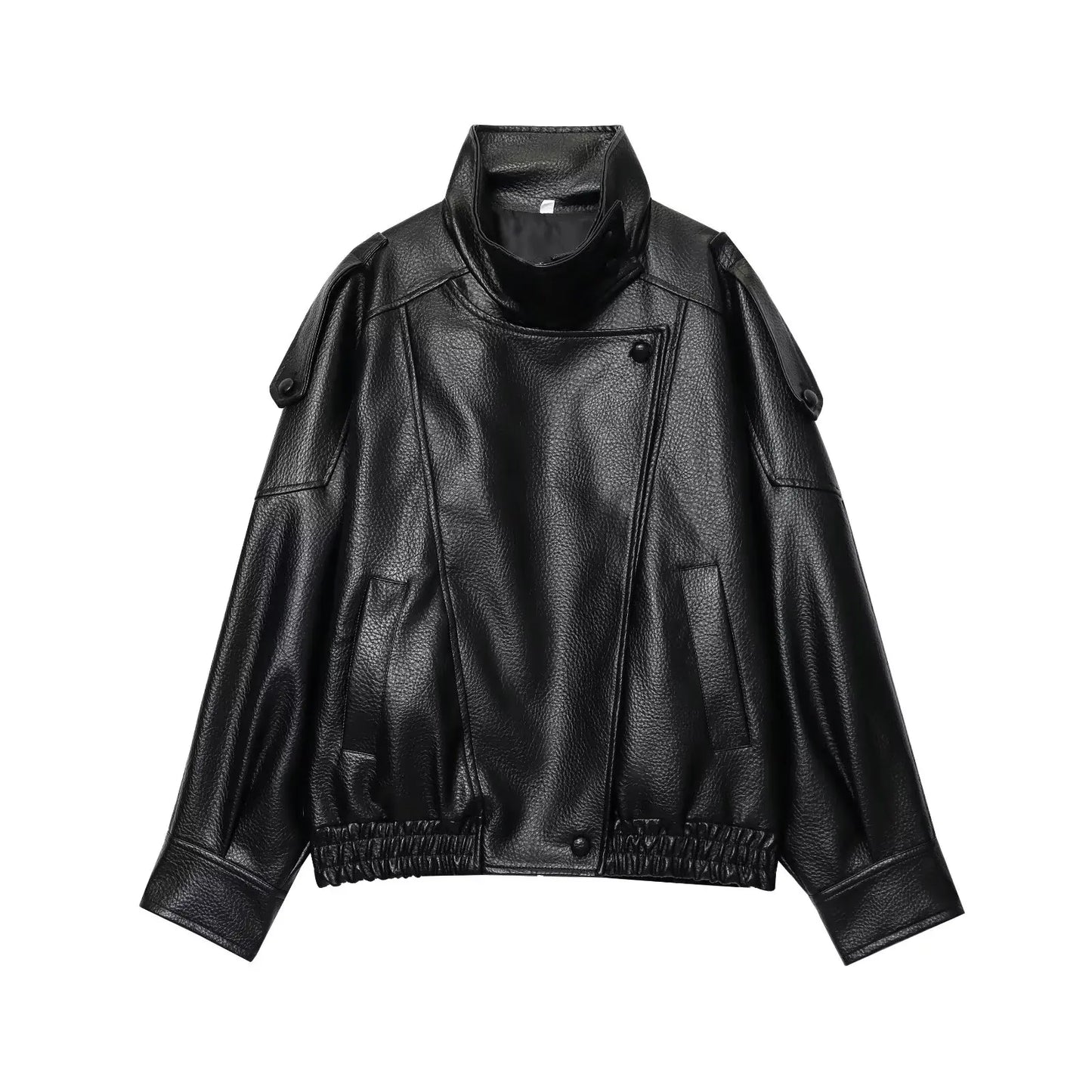 Women's Oversized Faux Leather Jacket – Long Sleeve Button Coat