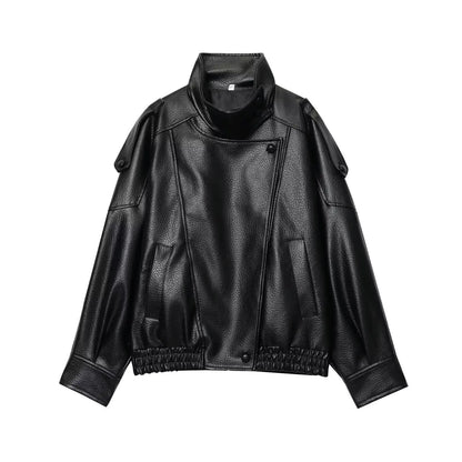 Women's Oversized Faux Leather Jacket – Long Sleeve Button Coat