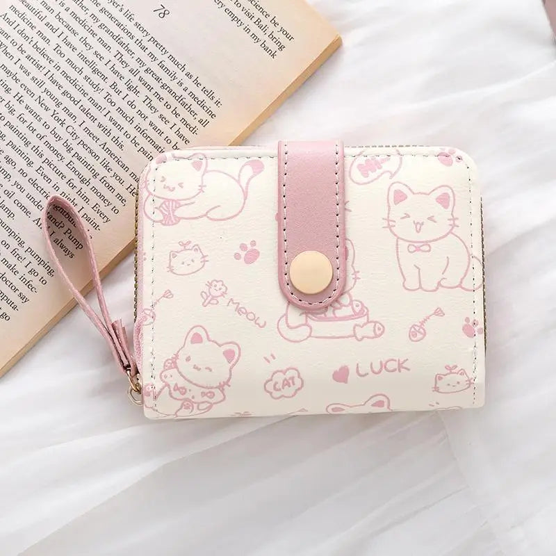 Cute Cat Short Wallet – PU Leather Coin Purse & Card Holder