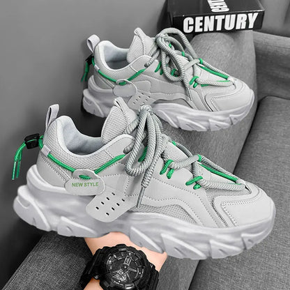 Men's Chunky Leather Sneakers – Breathable Thick Sole Casual Shoes