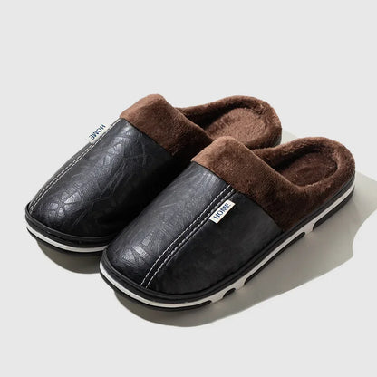 Pu Leather Plus Size Women S Slippers Indoor Waterproof Fur Flat Shoes Men Winter Home Cotton