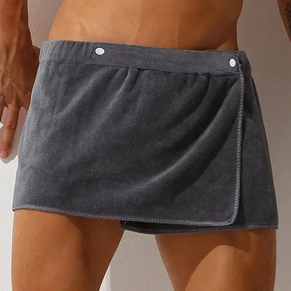 Men's Towel Wrap Bath Skirt with Snap Buttons & Side Split