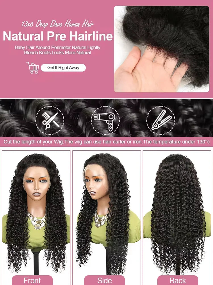 250 Density 13x6 Hd Lace Frontal Wig Deep Wave Curly Raw Human Hair Preplucked Water Front Wigs