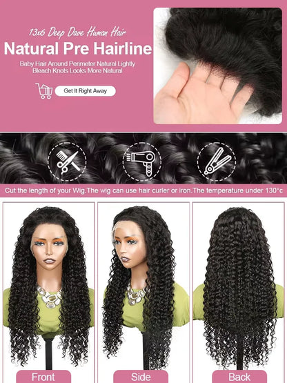 250 Density 13x6 Hd Lace Frontal Wig Deep Wave Curly Raw Human Hair Preplucked Water Front Wigs