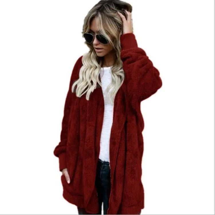 Women's Fleece Hooded Cardigan Coat – Warm Plush Jacket