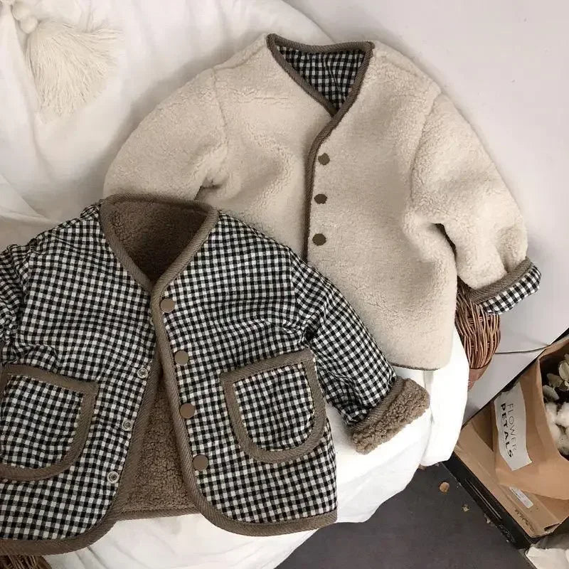 Kids Reversible Plush Jacket – Warm Plaid Sherpa Fleece Coat