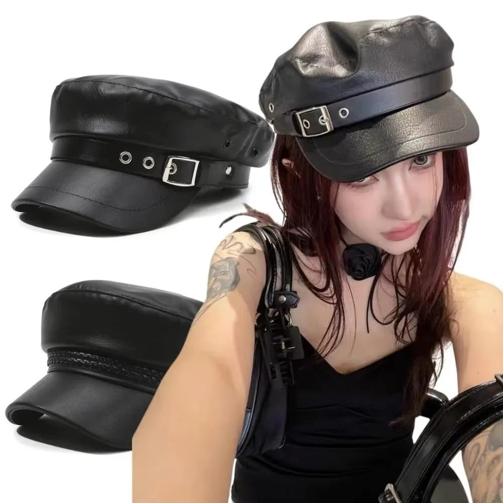 PU Leather Military Cap – Flat Top Sailor Beret with Chain Detail