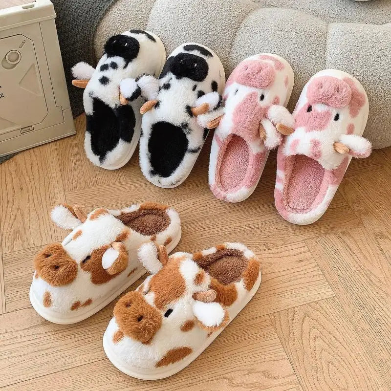 Cute Cow Fluffy Slippers for Women – Fuzzy Plush House Slides