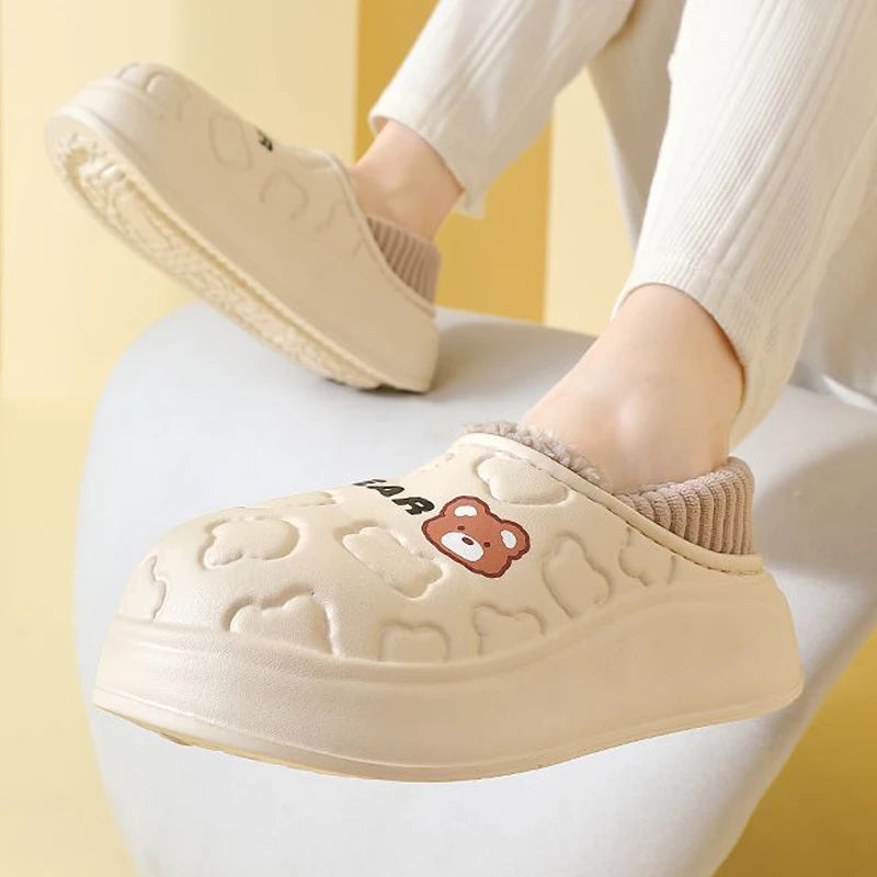 Waterproof Cotton Slippers Women Men Winter Outdoor Indoor Home Plush Warm Thick Sole Anti Slip