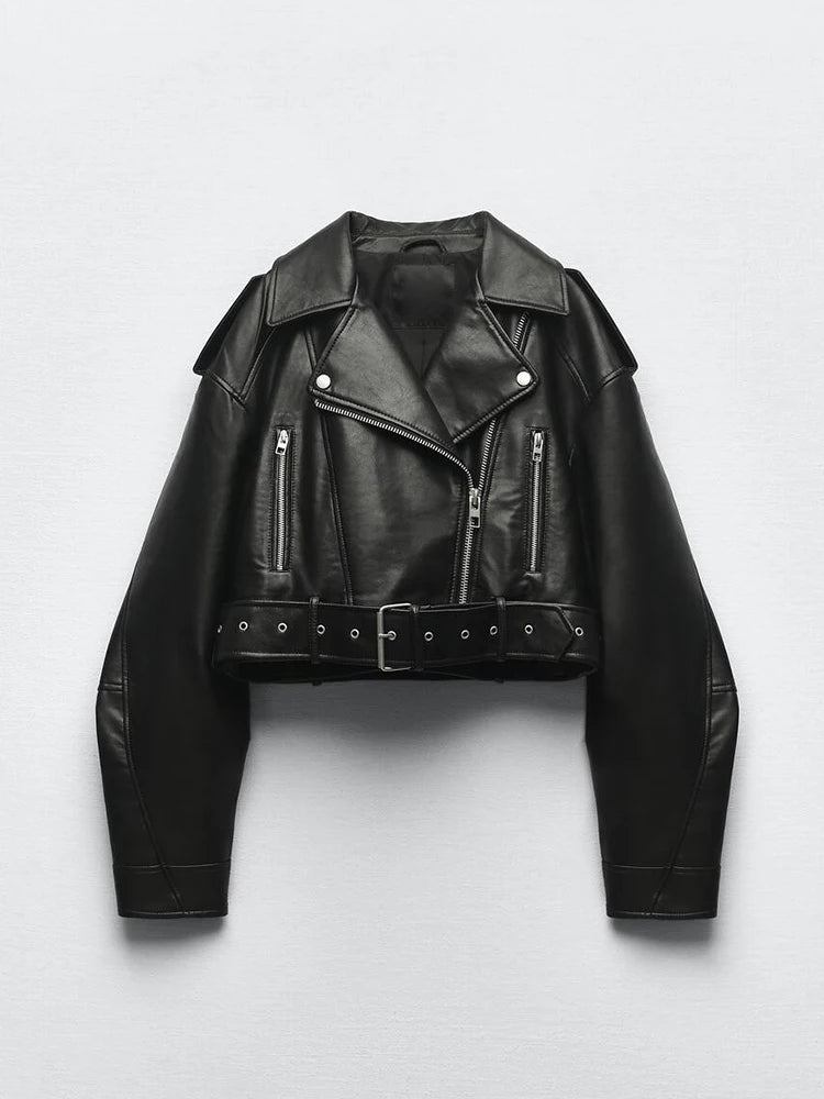 Women's Faux Leather Moto Jacket with Belt – Short Biker Style