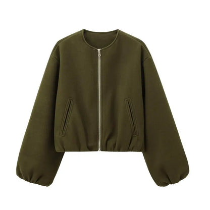 Women's Loose Cropped Bomber Jacket – Zip-Up Long Sleeve Coat