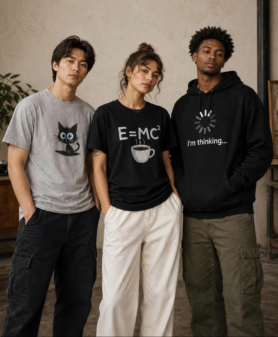 Three people wearing t-shirts with unique designs standing against a neutral background.